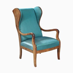 Danish Wingback Armchair with Turquoise Fabric by Frits Henningsen, 1940s