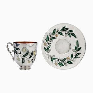 Tazza da tè vittoriana in argento e smaltata con piattino, 1875, set di 2