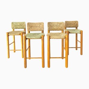 Wooden and Straw Stools, 1970s, Set of 4