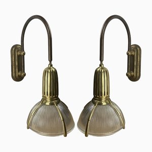 Art Deco Holophane Cut Glass and Brass Wall Lamps, 1970s, Set of 2