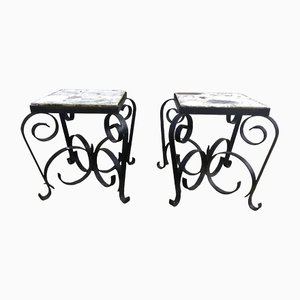 Mid-Century French Wrought Iron & Stone Garden Tables, 1950s, Set of 2