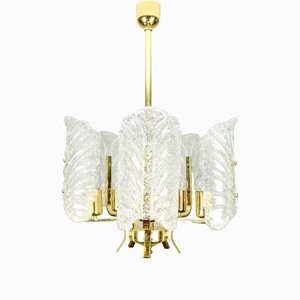 Glass Leaf and Golden Steel Chandelier attributed to Carl Fagerlund for Orrefors, Sweden, 1960s