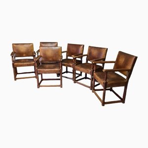 Mid-Century Oak & Leather Armchairs, 1940s, Set of 6