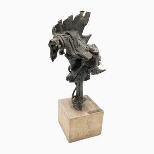 Escultura de pájaro mitológica brutalista de bronce y travertino, años 50