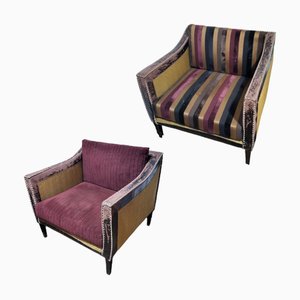 Fauteuils Vintage avec Velours et Rotin, 1990s, Set de 2