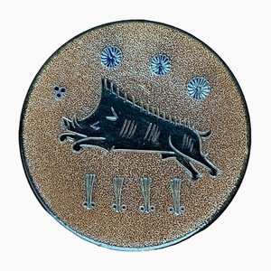 Vintage German Pottery Wall Plate with Boar Hunting Motif by Wim Mühlendyck for Töpferhof Mühlendyck, 1986