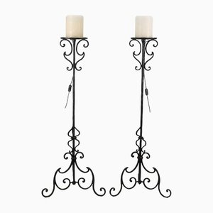 19th Century Candleholder Floor Lamps in Wrought Iron, Italy, Set of 2