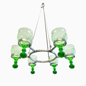 Vintage Swedish Chandelier in Wrought Iron & Glass, 1970s