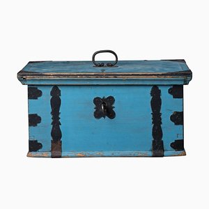 Cassettiera o scatola di arte popolare svedese blu, XIX secolo
