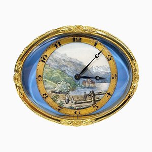 Horloge de Bureau Ovale en Laiton Doré avec Paysage Peint, Suisse, 1890s