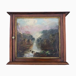 Antique Mahogany Wall Cupboard with Original Oil Painting on the Door, 19th Century