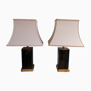 Hollywood Regency Style Brass & Black Lacquered Metal Pagoda Table Lamps, 1970s, Set of 2