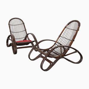 Set of Italian Guinea Cane Wicker Armchairs, 1960s