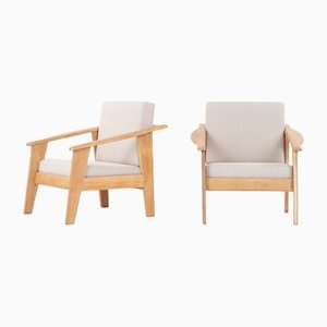Brushed Oak and Linen Armchairs, 1950, Set of 2