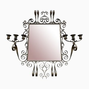 Vintage Bronze Mirror with Candelholders, 1950s