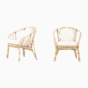 Rattan Armchairs with Loop Fabric Cushions, 1950, Set of 2