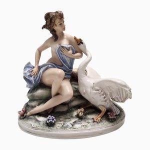 Rococo Style Porcelain Leda & the Swan Figurine by Carlo Mollica for Capodimonte, Italy, 1950s