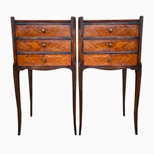 French Walnut Nightstands with 3 Drawers, 1940s, Set of 2