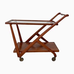 Mid-Century Sculptural Light Brown Walnut Bar Cart attributed to Cesare Lacca, 1950s