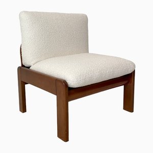 Mid-Century Brown Lounge Chair with White Boucle Fabric in the style of Tobia & Afra Scarpa, 1960s