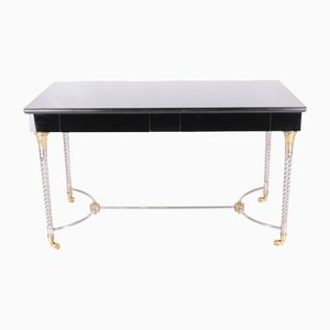 Vintage Black Lacquered Glass Desk with 2 Silver and Gold Metal Drawers, 1970s