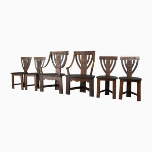 Arts & Crafts Carved Oak Chairs, Set of 6