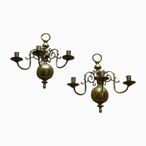 Brass 3-Branch Wall Candle Sconces, Set of 2