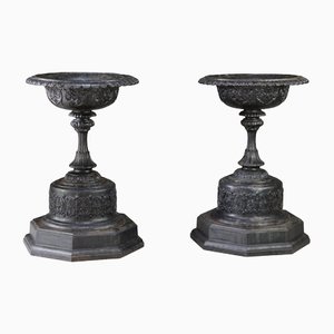 Large Antique Victorian Cast Iron Garden Urns, Set of 2
