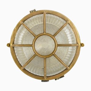 Reclaimed Circular Brass Ship Bulkhead Light with Prismatic Glass, 1940s