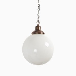 Large Antique Opaline Globe Pendant Light with Cast Copper Gallery, 1920s