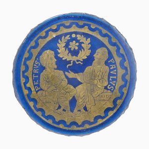 Medallón veneciano renacentista románico de vidrio azul, finales del siglo XIX