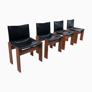 Black Leather Chairs Model Monk attributed to Afra & Tobia Scarpa for Molteni, 1970s, Set of 4