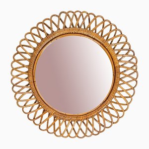 Mid-Century Rattan and Bamboo Round Wall Mirror, Italy, 1960s