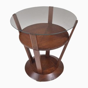 Art Deco Round Oak and Glass Side Table, 1930s