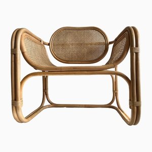 Large Cane and Rattan Armchair with Curved Seat and Back Rest