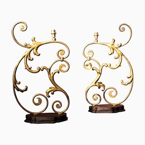 Large 19th Century Italian Gilt Handwrought Iron Scale One Light Table Lamps, Set of 2