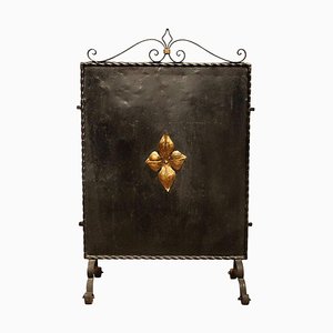 Italian Black Wrought Iron and Parcel-Gilt Freestanding Fireplace Screen