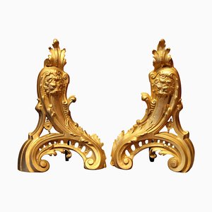 19th Century French Louis XV Style Gilt Bronze Lions Head Fireplace Andirons, Set of 2