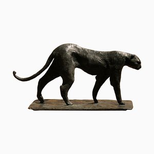 Art Deco Inspired Black Patinated Bronze Leopard Sculpture, 2020