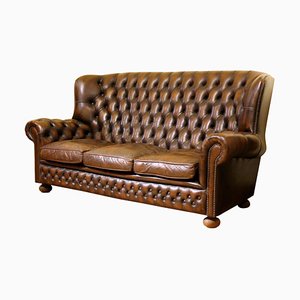 Vintage Brown Leather High Back 3-Seat Button Tufted Sofa from Chesterfield