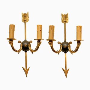 Mid-Century Modern Wall Sconces Arrow and Rams Head Design in the style of Maison Bagues, 1950s, Set of 2