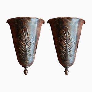 French Art Nouveau Brown Iron Tole Paint Wall Jardinieres or Scale Sconces, 1890s, Set of 2