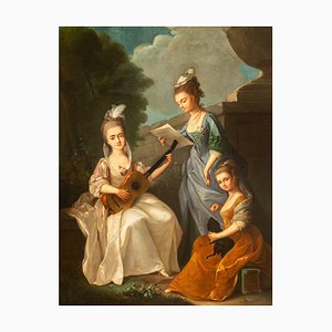 Italian Rococo Oil on Canvas Portrait Painting of Young Ladies in Garden Landscape
