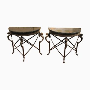 Italian Half Moon Wrought Iron Console Tables with Griffin and Marble Top, 1890s, Set of 2