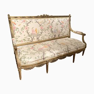 French Louis XVI Style Hand Carved Giltwood 3-Seat Sofa with Chinoiserie Fabric