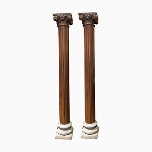19th Century Italian Architectural Corinthian Wood Columns on Sandstone Plinths, Set of 2