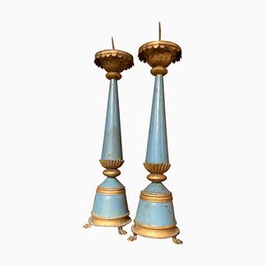 19th Century French Tall Blue Painted Tole and Parcel Gilt Pricket Candlesticks, Set of 2