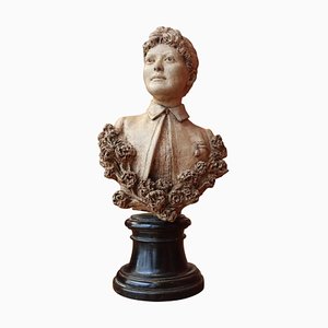 19th Century Italian Female Terracotta Bust on Ebonized Base, 1894