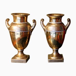 Vases Epoque Empire en Porcelaine Mat et Bruni Doré, Set de 2