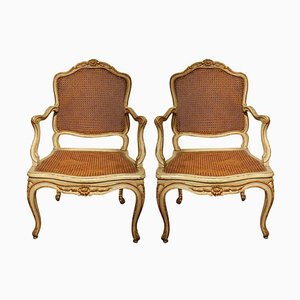 French Louis XV Green Lacquer and Gilt Wood Armchairs with Cane Seats and Back, 1750, Set of 2